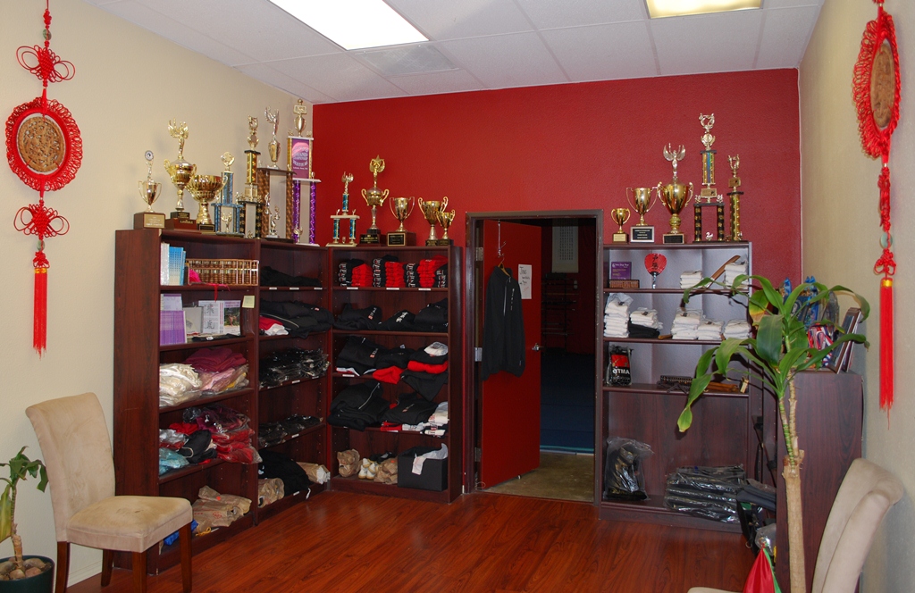 JING Institute Retail area, with our Wushu and Tai Chi trophies and clothes and Fei Yue shoes and Abacus
